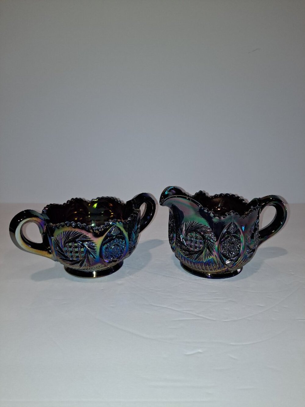 LE Smith Amethyst Carnival Glass Cream and Sugar Set Aztec Pattern Sawtooth Edge